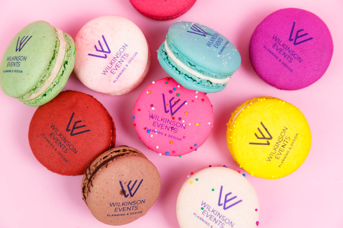 Pastel macarons printed with the Wilkinson Events logo