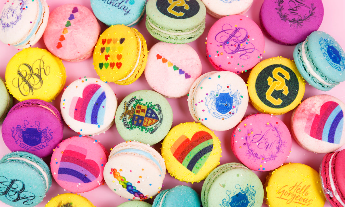Macarons printed with a mix of logos and graphics