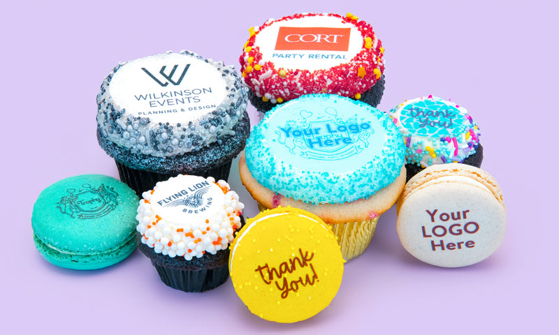Customize Cupcakes and macarons with logos and graphics