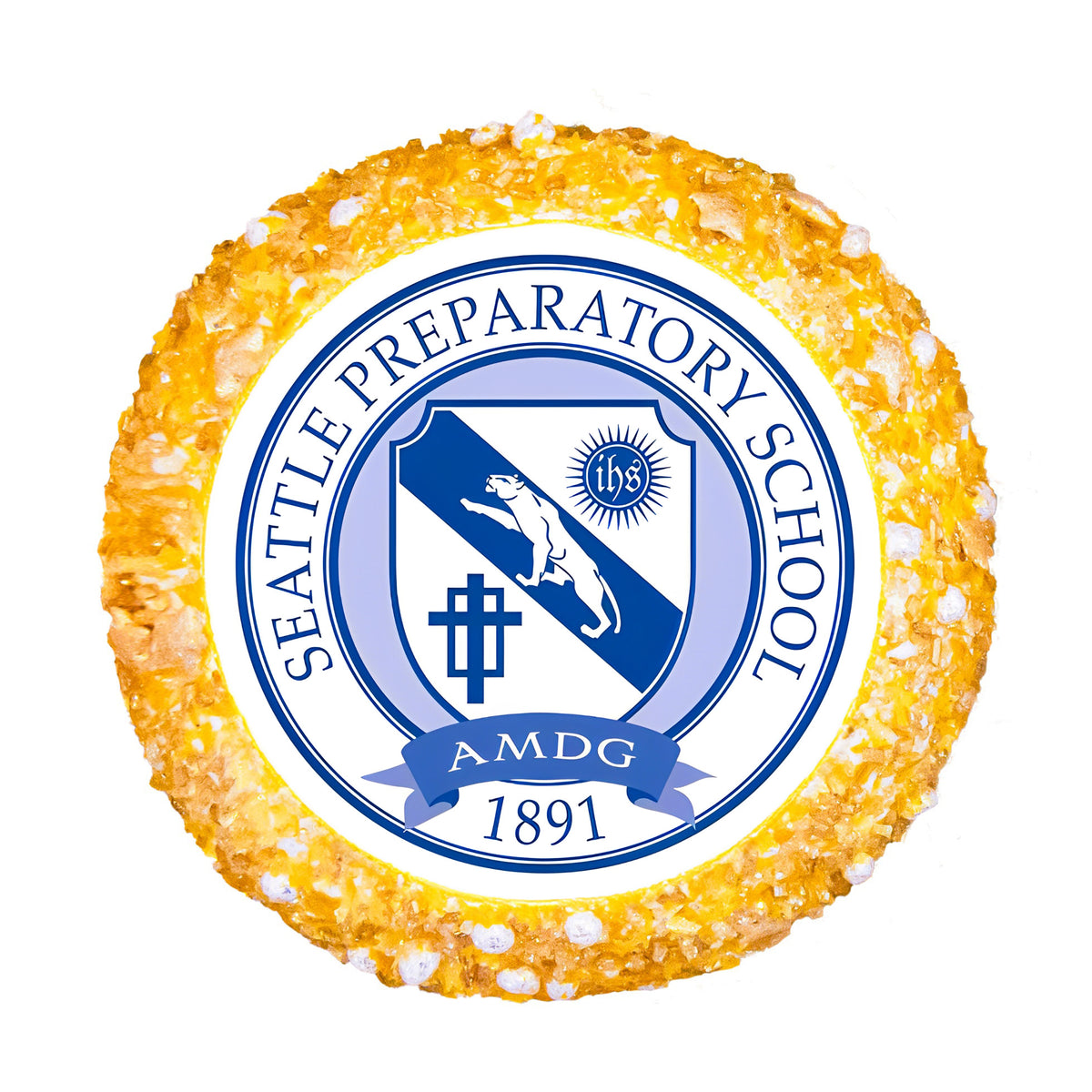 Cupcake topped with a printed Seattle Preparatory School crest and a gold sugar border