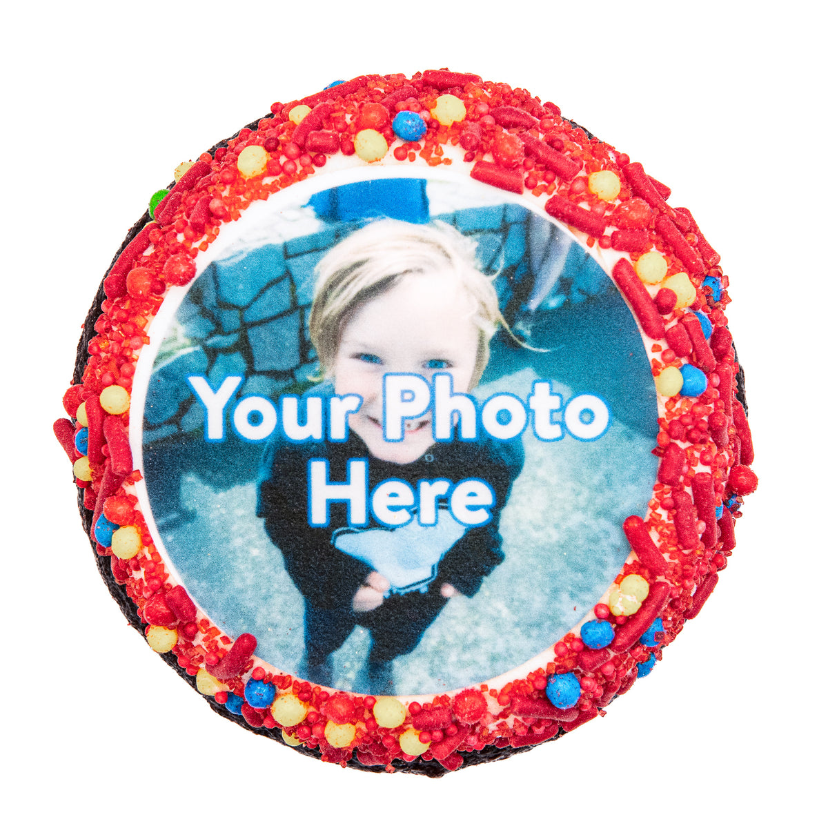 Custom Photo Cupcakes chocolate cupcake with a child's photo on top and a red sprinkle border