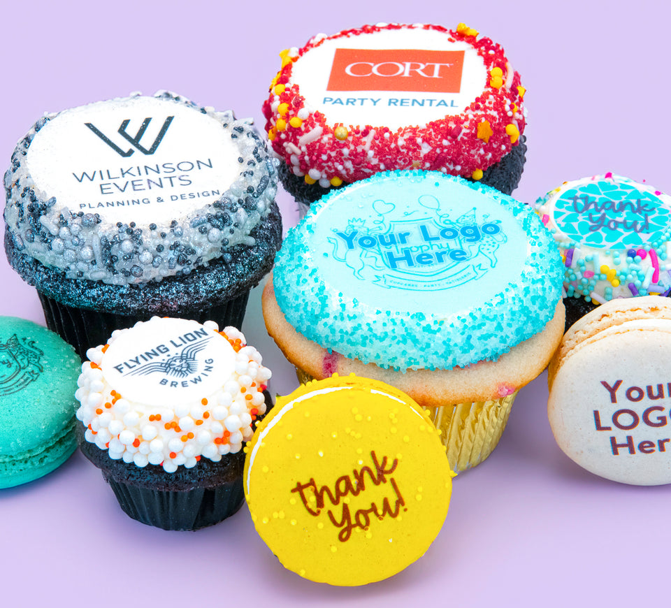 Customize Cupcakes and macarons with logos and graphics