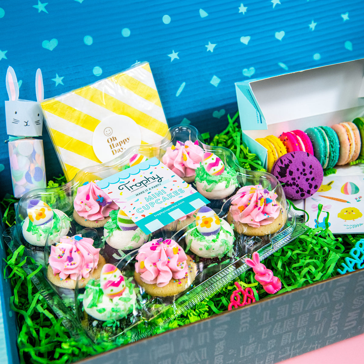 A Trophy Easter gift box with spring cupcakes and macarons