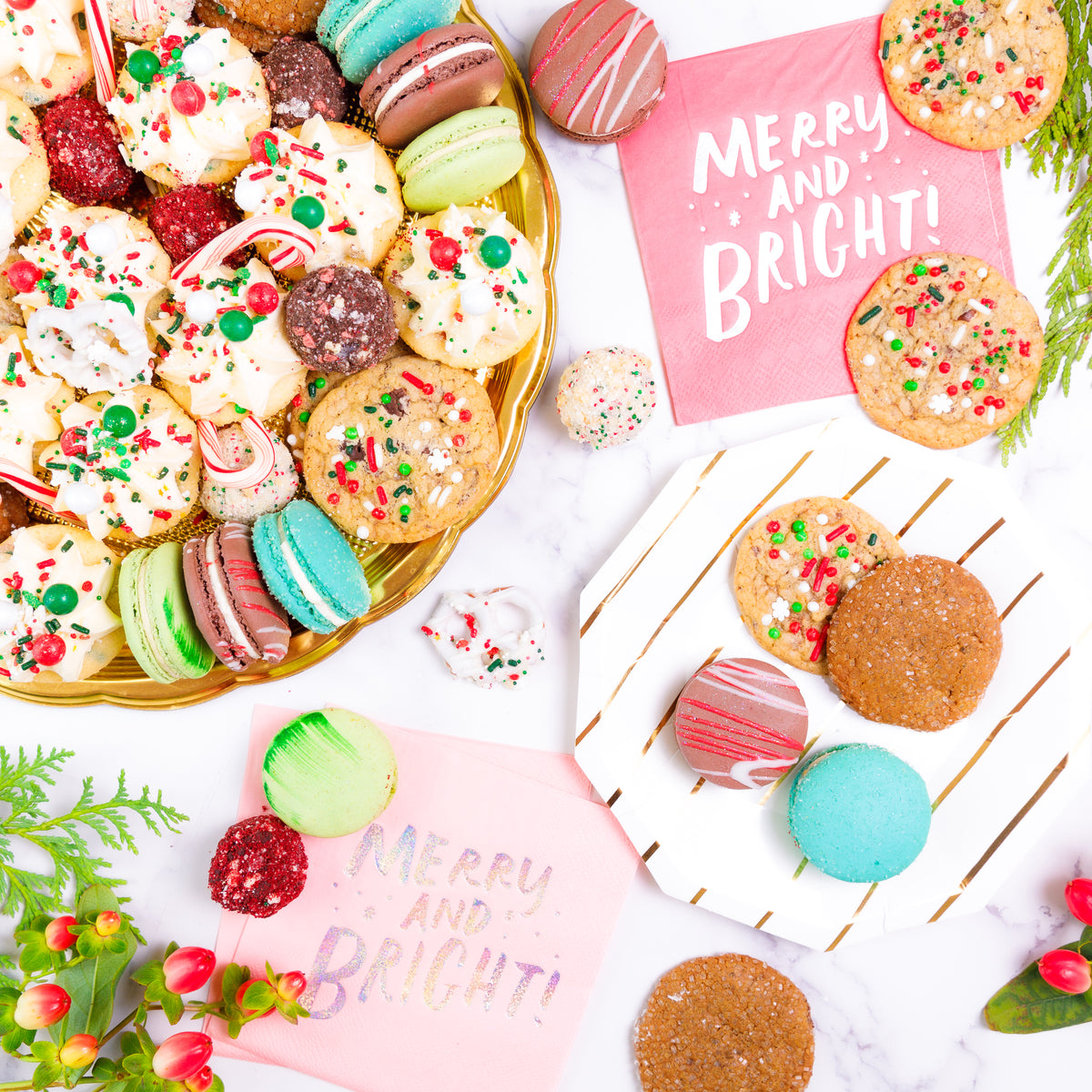 Perfect Holiday Party Platter with cupcakes and macarons