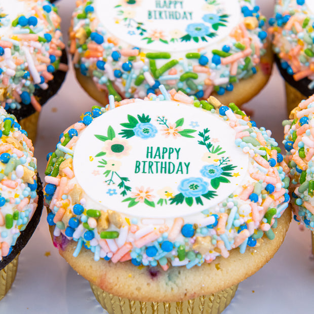 Floral Happy Birthday Greeting Cupcakes