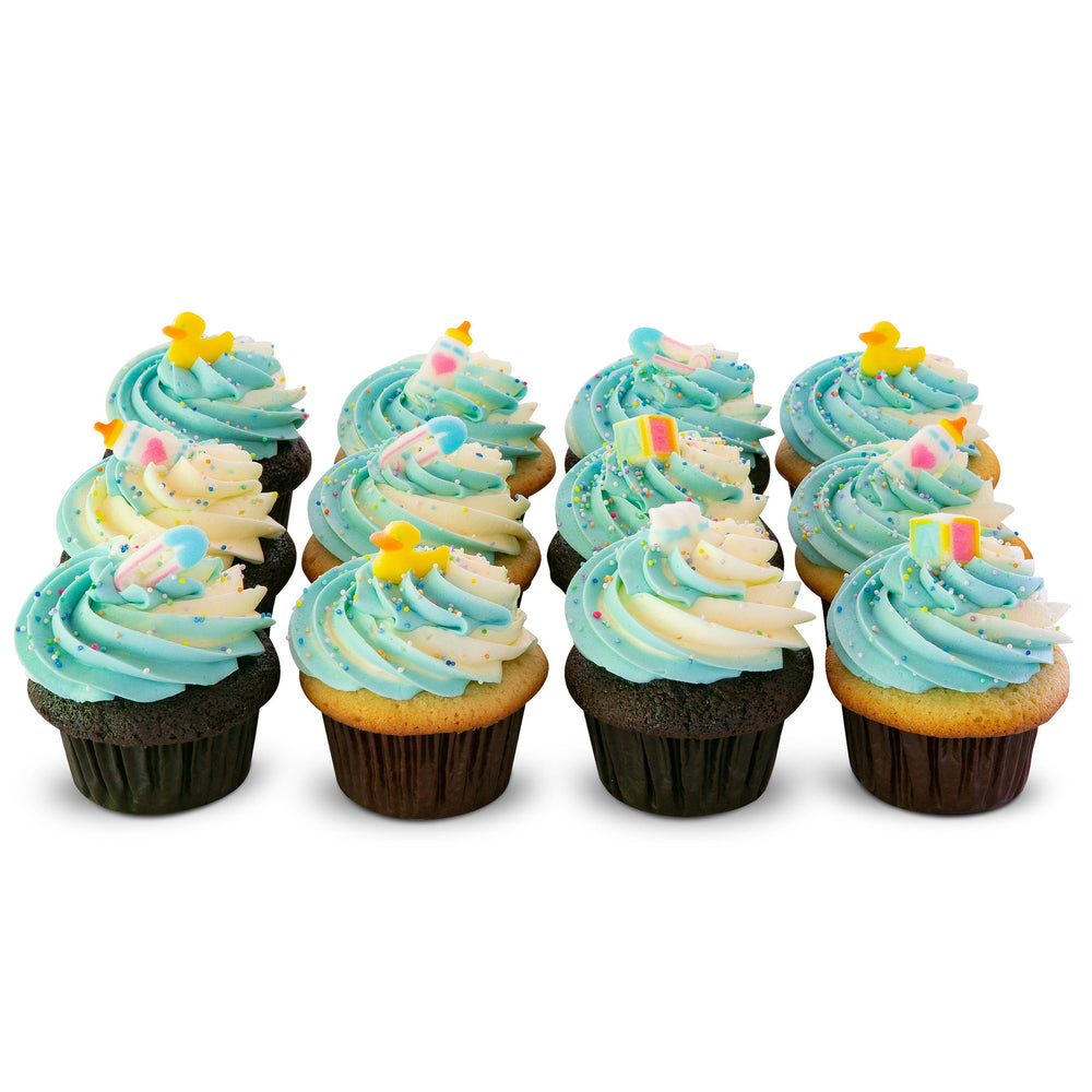 Baby Shower Boy dozen cupcakes with blue and white swirled buttercream and small duck and baby toppers